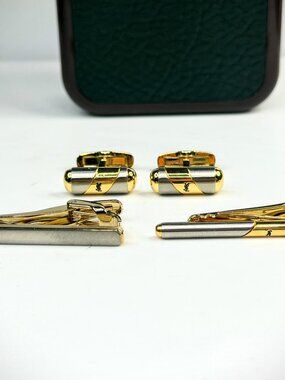 Vintage Yves Saint Laurent Cufflinks Tie Bar Set Two Tone SS317